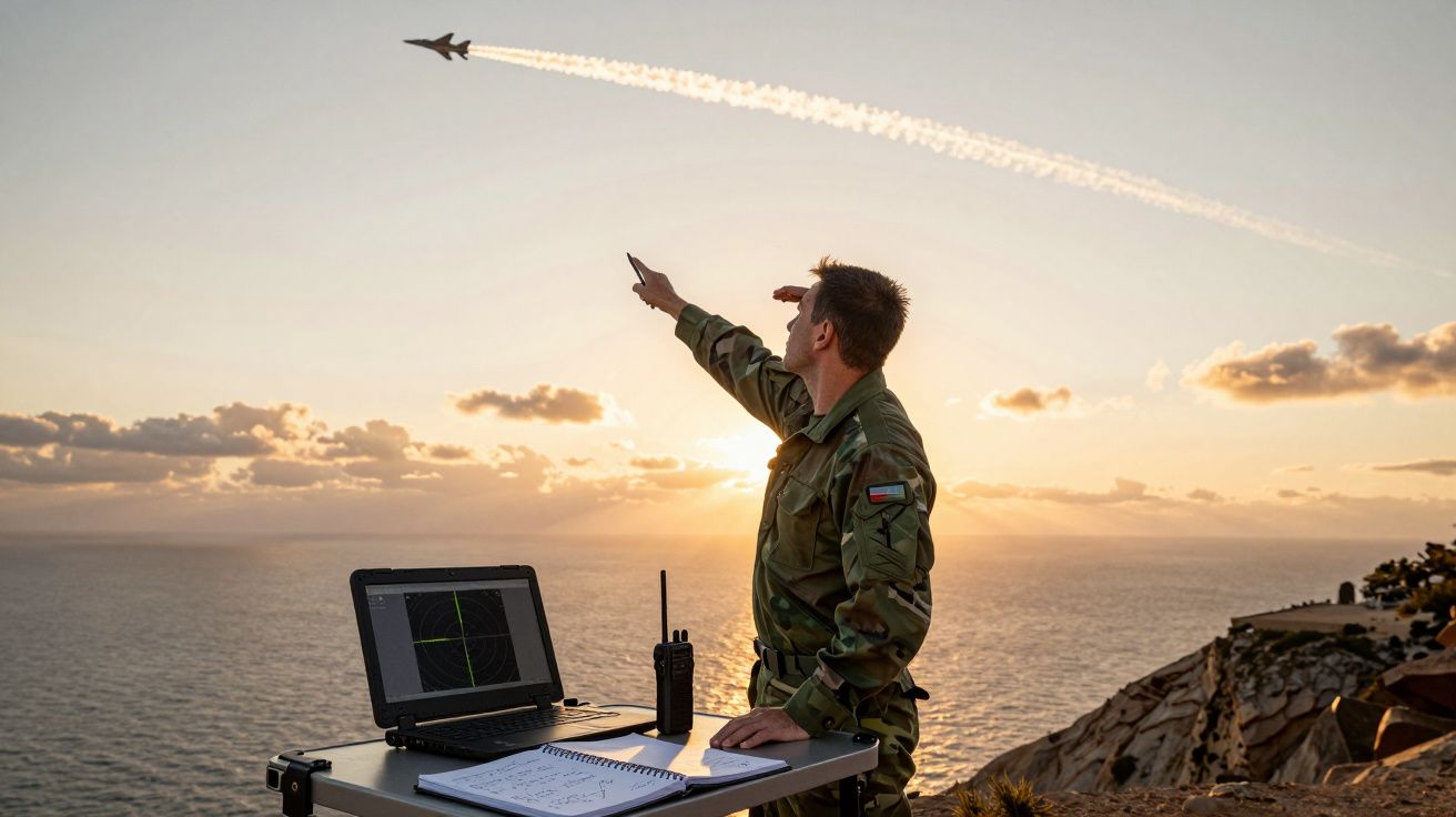 Militar aponta para um avião de caça a sobrevoar o mar ao pôr do sol, com equipamento num suporte.