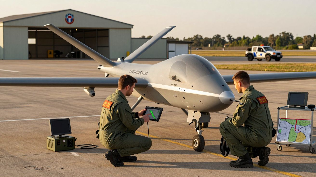 Dois militares em uniformes verdes verificam um drone cinzento estacionado numa pista de aeroporto.