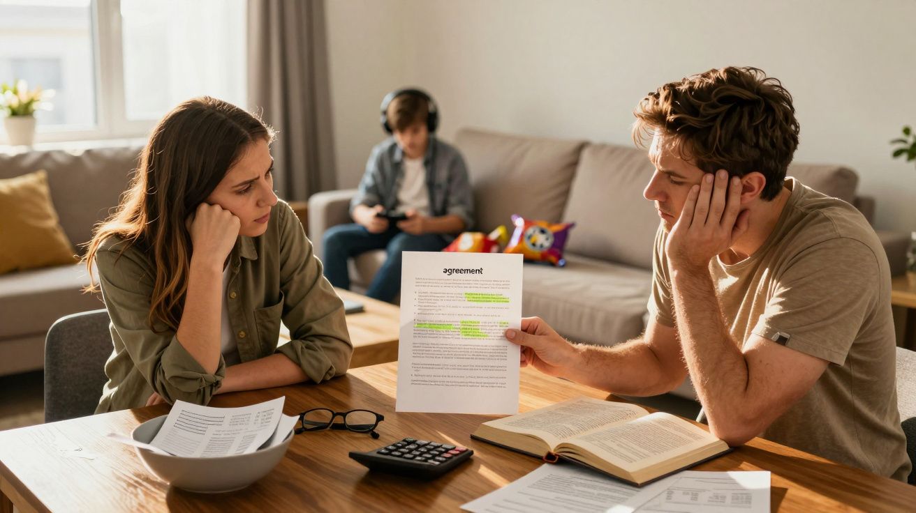 Casal preocupado analisa documento na mesa com papéis, livro e calculadora, criança ao fundo no sofá.