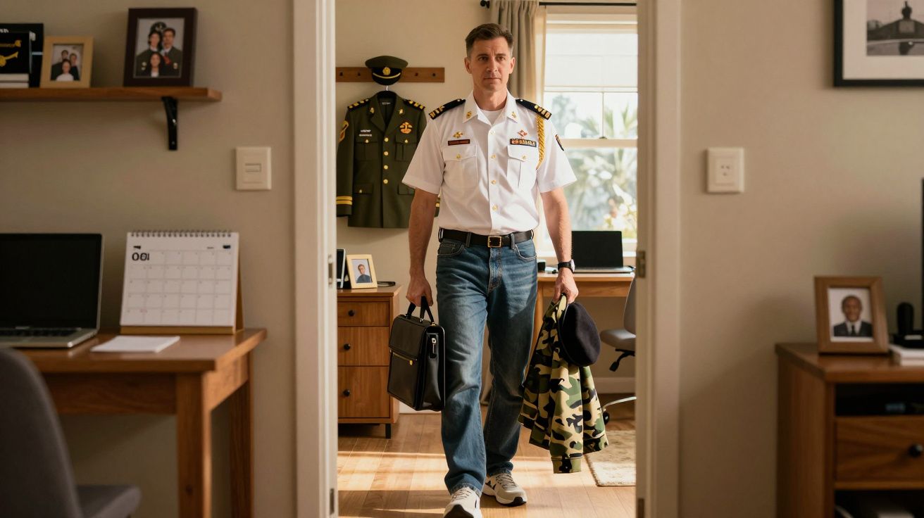 Homem em uniforme militar casual com camisa branca e jeans, segurando casaco camuflado e pasta, numa divisão de casa.