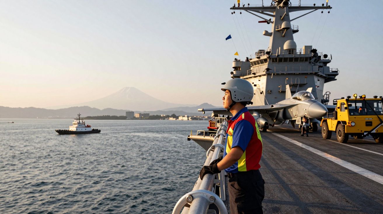 Homem com capacete e colete colorido na plataforma de um porta-aviões, com avião e montanha ao fundo.