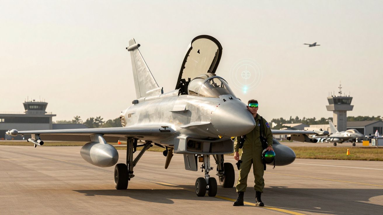 Caça furtivo estacionado com piloto em uniforme militar e capacete na pista de aeroporto militar.