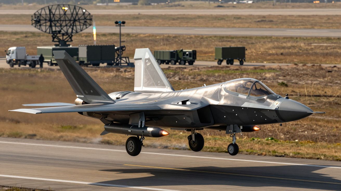 Caça furtivo militar a descolar numa pista com veículos e radar ao fundo.