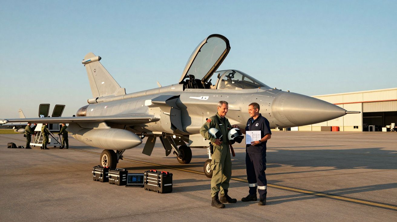 Dois militares conversam junto a um caça estacionado numa pista de aeroporto sob céu limpo.