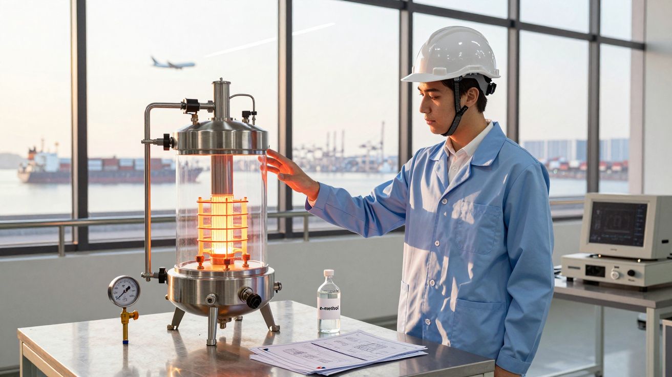 Técnico em laboratório com capacete e bata a operar equipamento científico próximo a doca e avião.