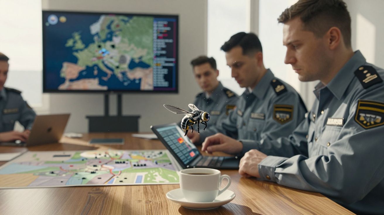 Quatro militares reunidos com mapas e computadores, e uma abelha em destaque sobre uma chávena de café.
