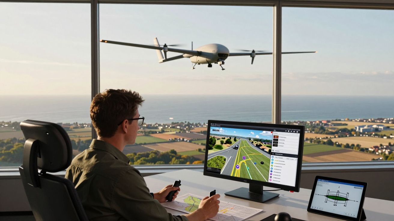Homem controla drone em escritório com vista para paisagem rural e mar ao fundo.