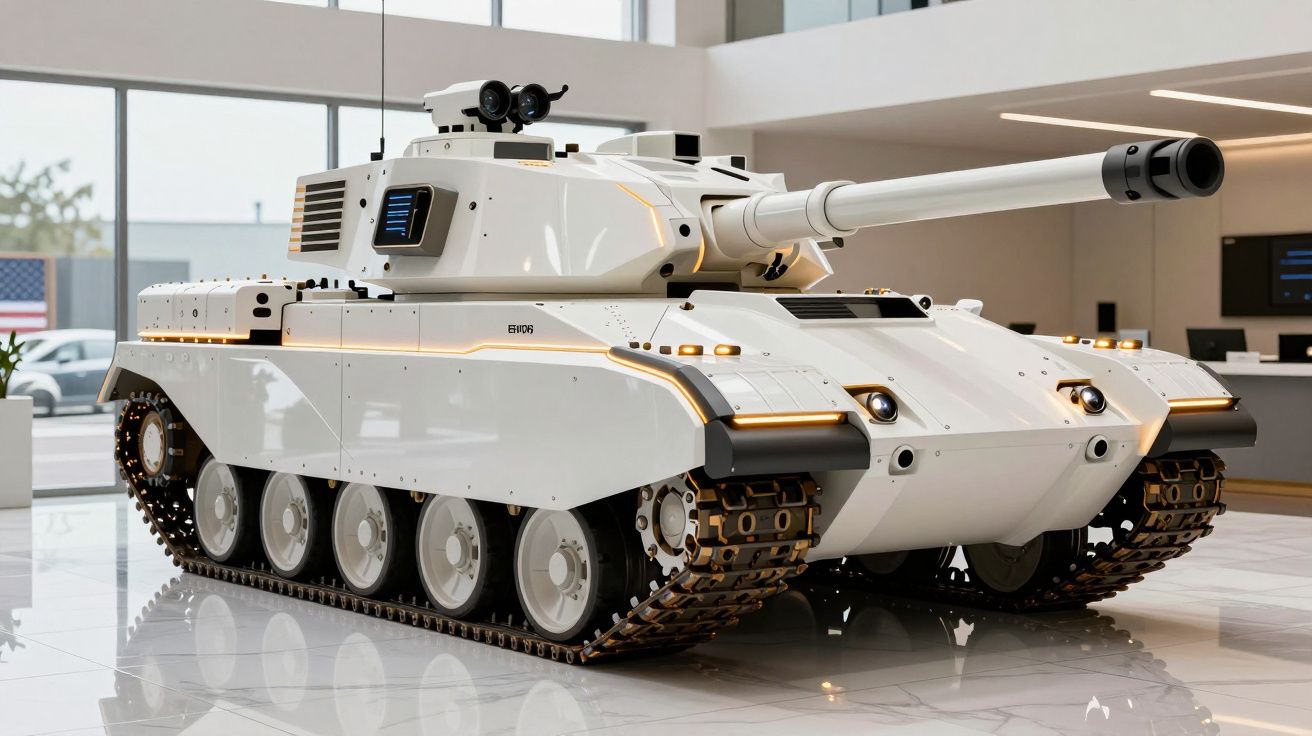 Tanque moderno branco em ambiente interior com rodas de lagartas e canhão frontal.