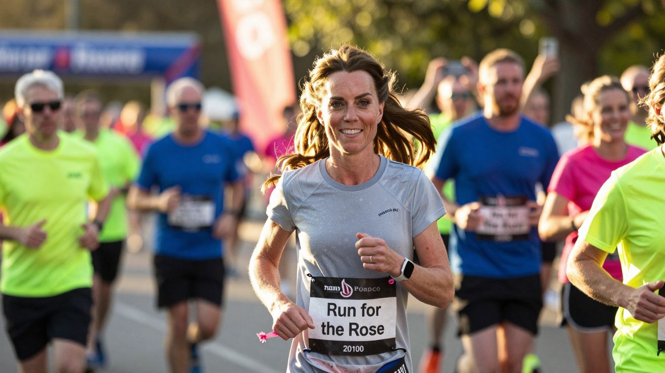 Mulher sorridente a correr numa maratona com outros corredores ao fundo numa rua ensolarada.