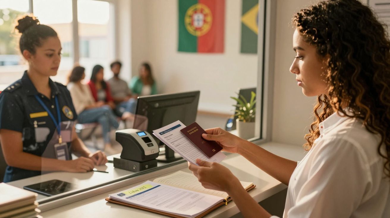 Mulher com passaporte e formulário solicita atendimento numa receção, com funcionária e bandeiras de Portugal e Brasil ao fun