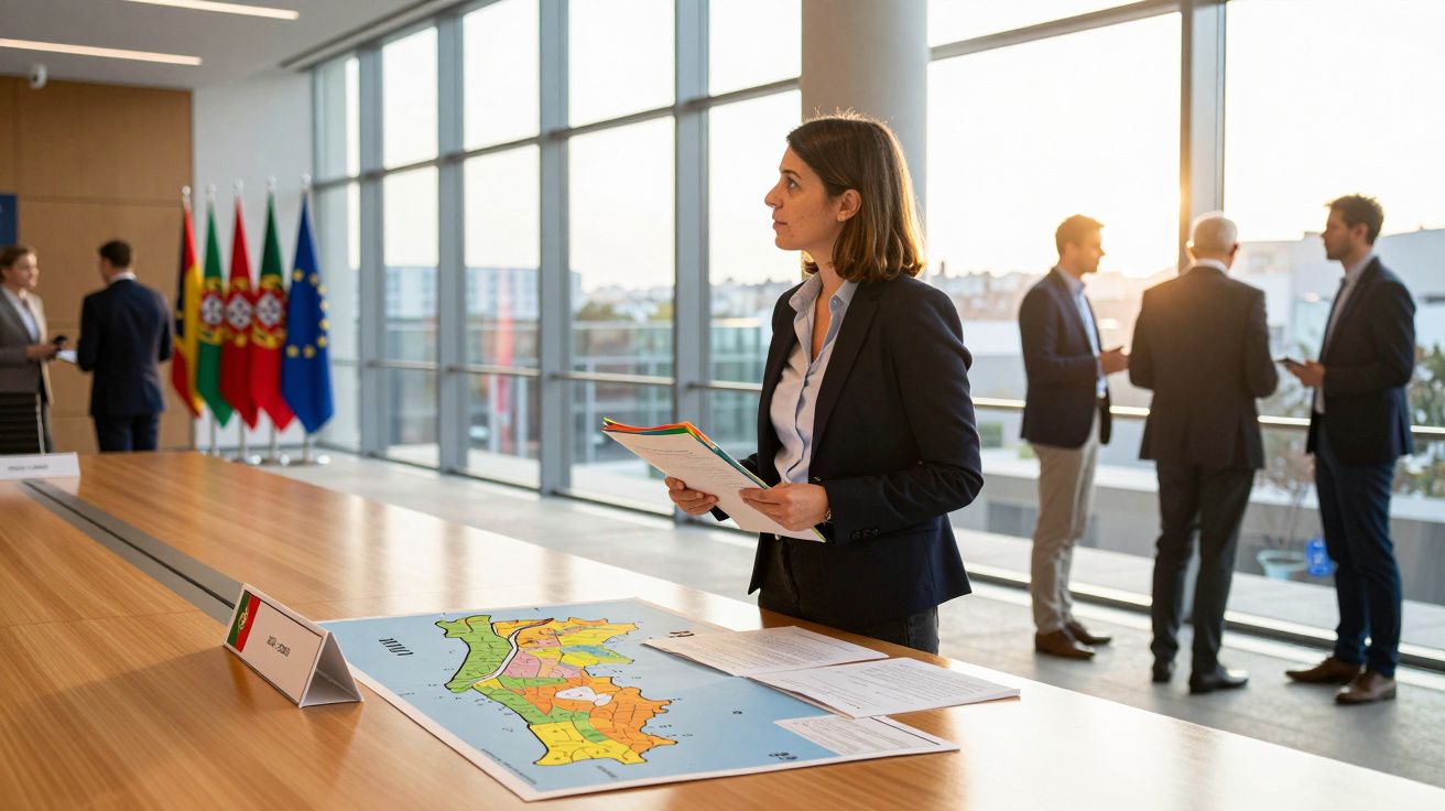 Mulher de negócios junto a mesa com mapa, várias bandeiras e grupo de pessoas a conversar em sala luminosa.
