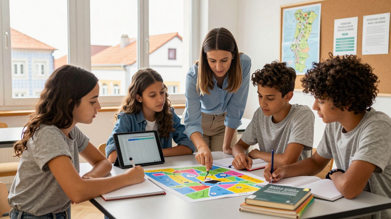 Professora e quatro alunos trabalham juntos com um tablet e um jogo colorido numa sala de aula.