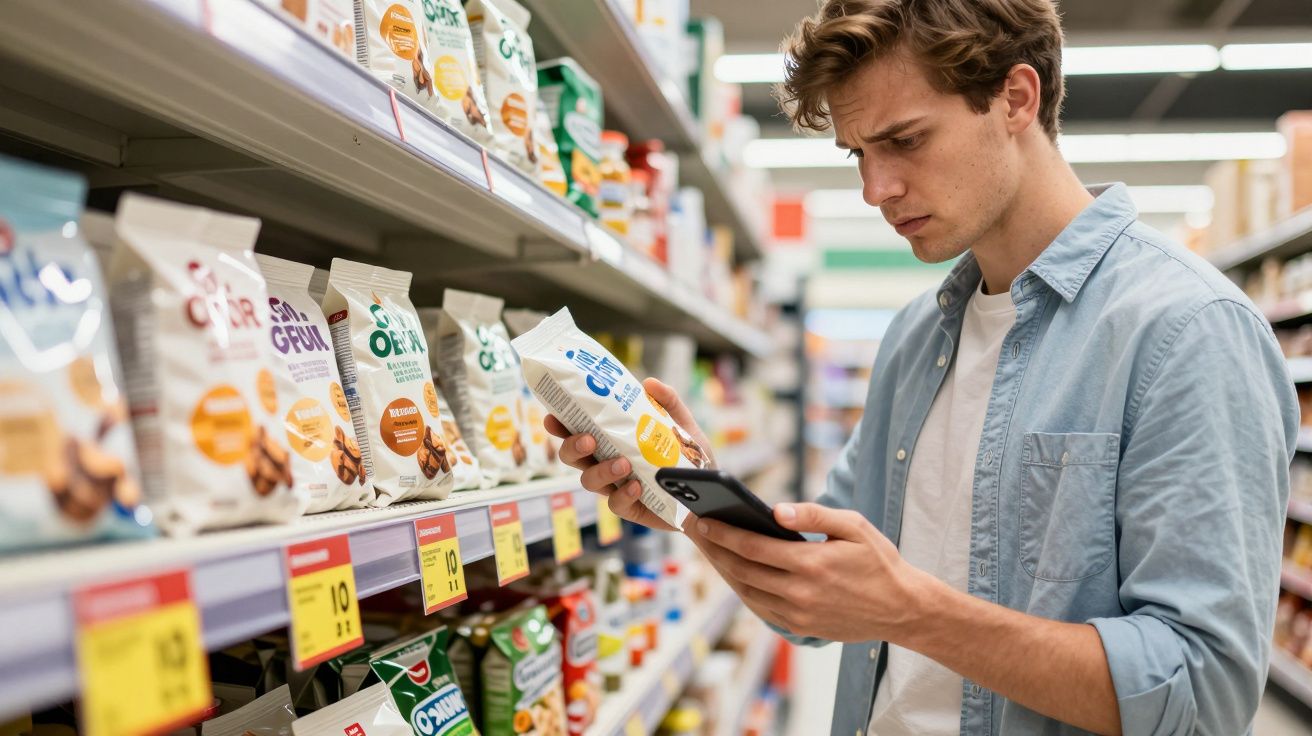Homem jovem a comparar produtos alimentares na prateleira de supermercado usando telemóvel.