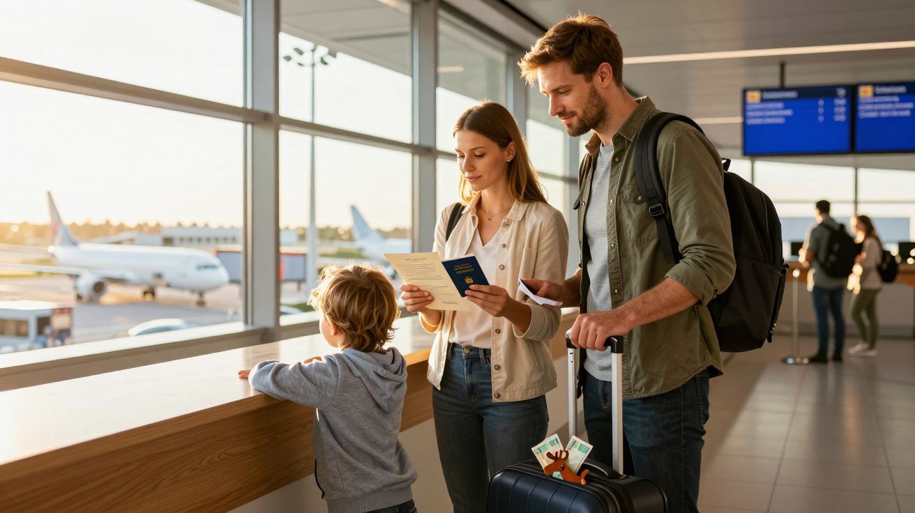 Família com criança no aeroporto, com passaportes e bilhetes, à espera junto a uma janela com aviões no exterior.