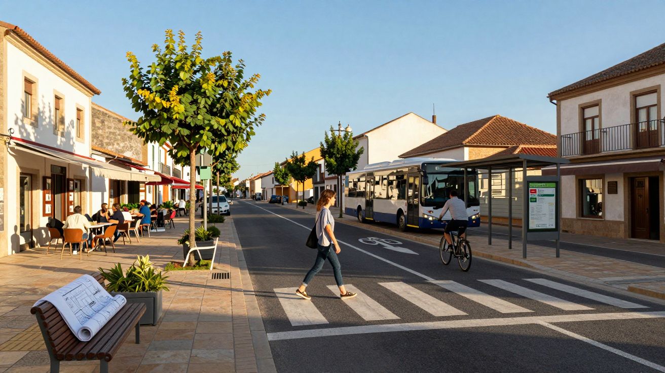 Rua tranquila com esplanada, autocarro na paragem, ciclista e peão a atravessar passadeira num dia solarengo.
