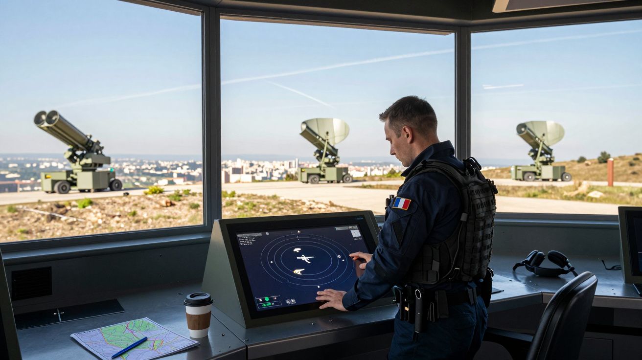 Soldado numa torre de controlo militar a monitorizar um radar, com equipamento militar e cidade ao fundo.