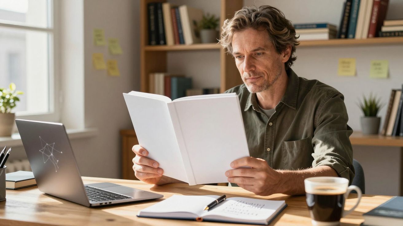 Homem sentado numa mesa a ler um livro, com portátil aberto, caderno e chávena de café num ambiente de escritório.