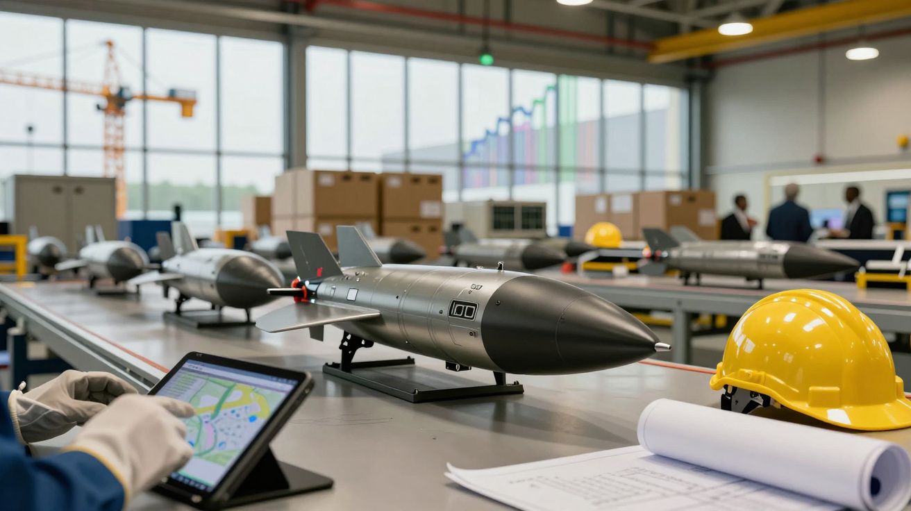 Fábrica com vários modelos de mísseis em testes e ferramentas de controlo de qualidade visíveis na mesa.