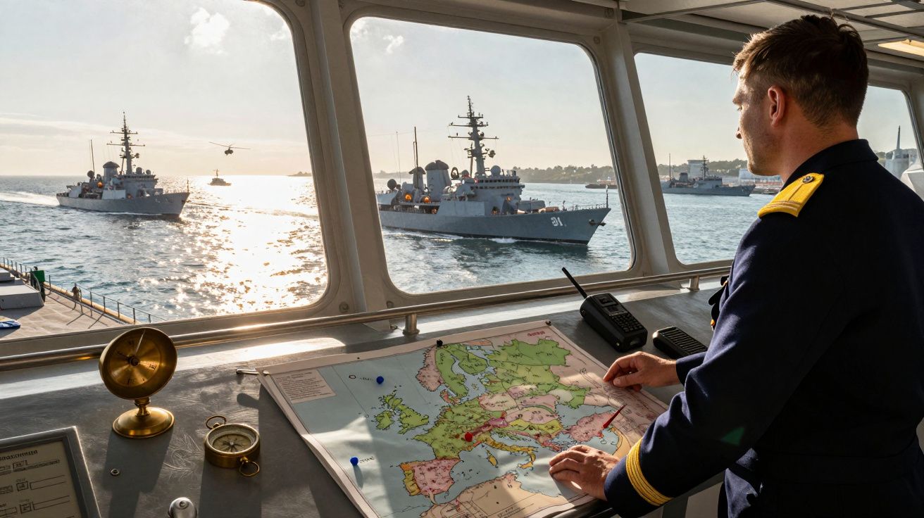 Oficial naval observa navios militares no mar através da janela, com mapa da Europa na mesa à sua frente.