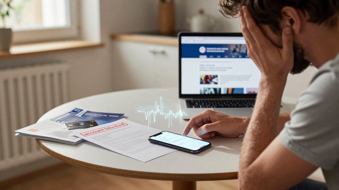 Homem preocupado a consultar notificação de conta bloqueada no telemóvel, com computador e documentos na mesa.