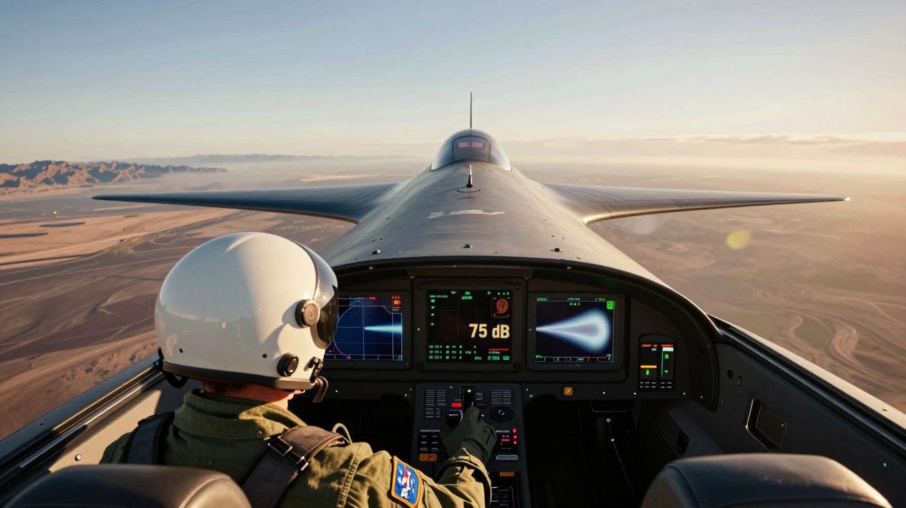 Piloto com capacete na cabine de um avião futurista a sobrevoar uma paisagem desértica ao pôr do sol.
