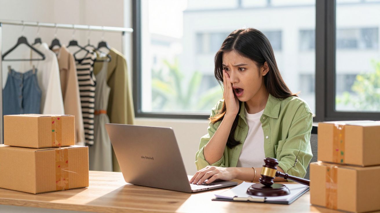 Mulher surpresa a usar portátil num escritório com caixas e um martelo de juiz na secretária.