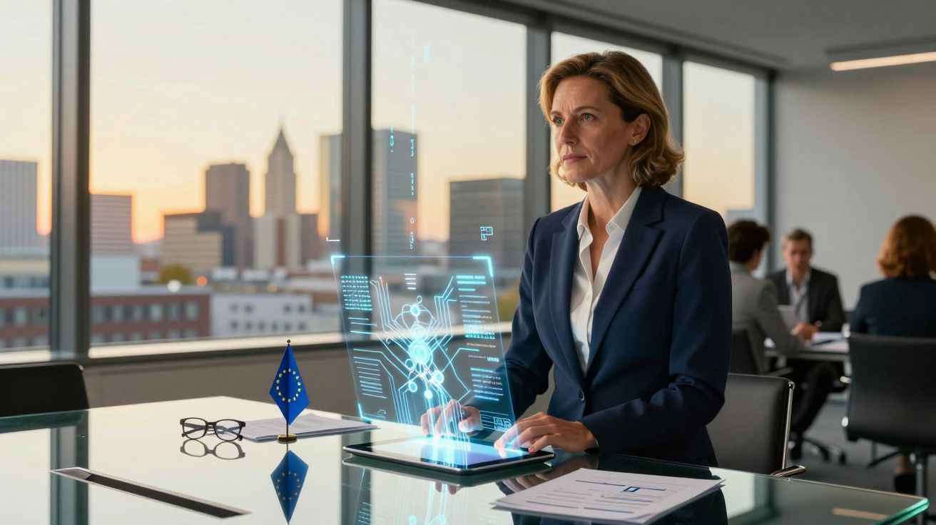Mulher de negócios sentada em escritório moderno com holograma tecnológico na mesa durante pôr do sol.