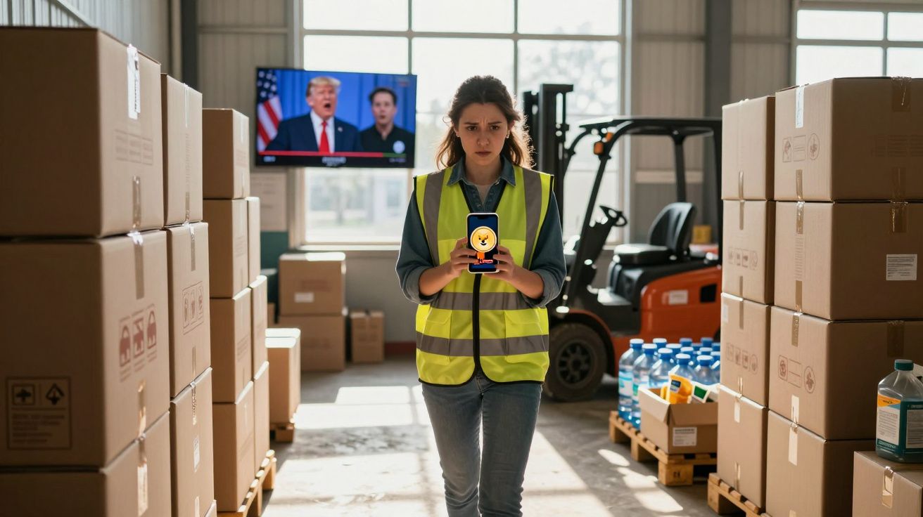 Mulher em colete refletor numa armazém com caixas, segurando telemóvel com emoji sorridente no ecrã.