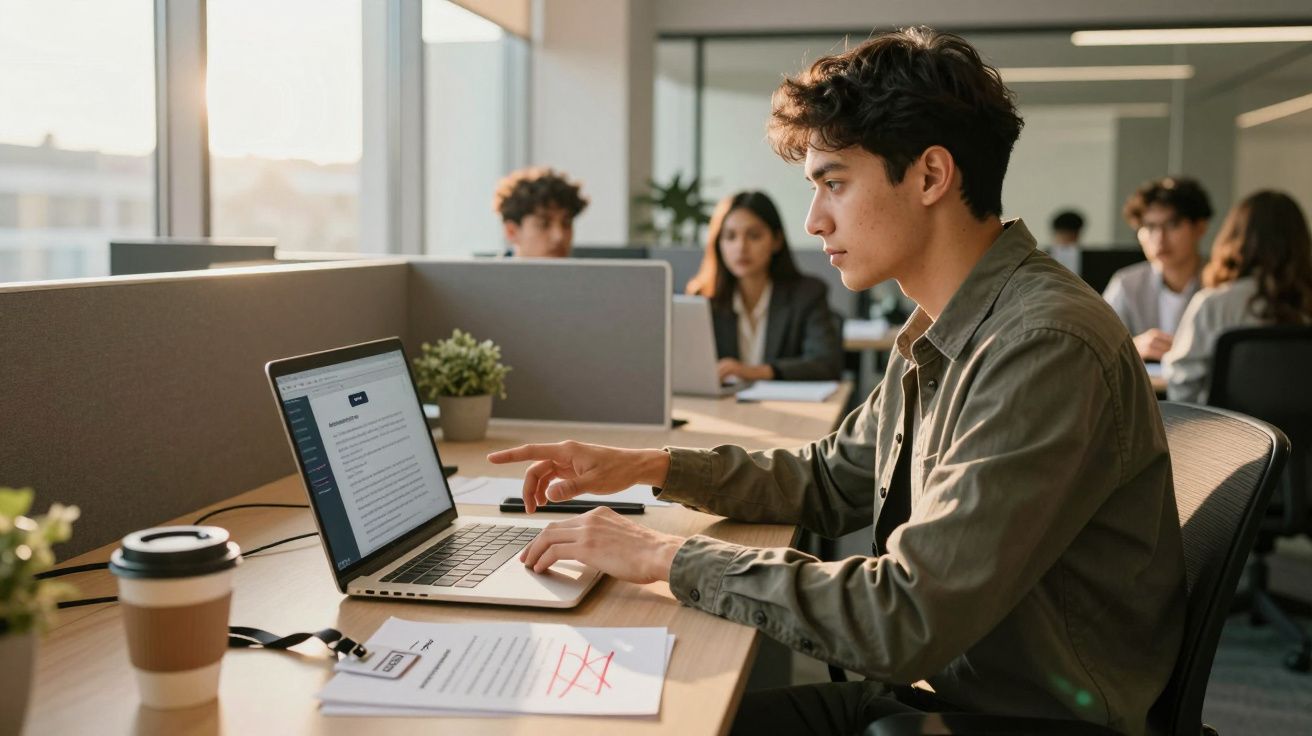 Jovem a trabalhar no computador portátil numa área de escritório com várias pessoas ao fundo.