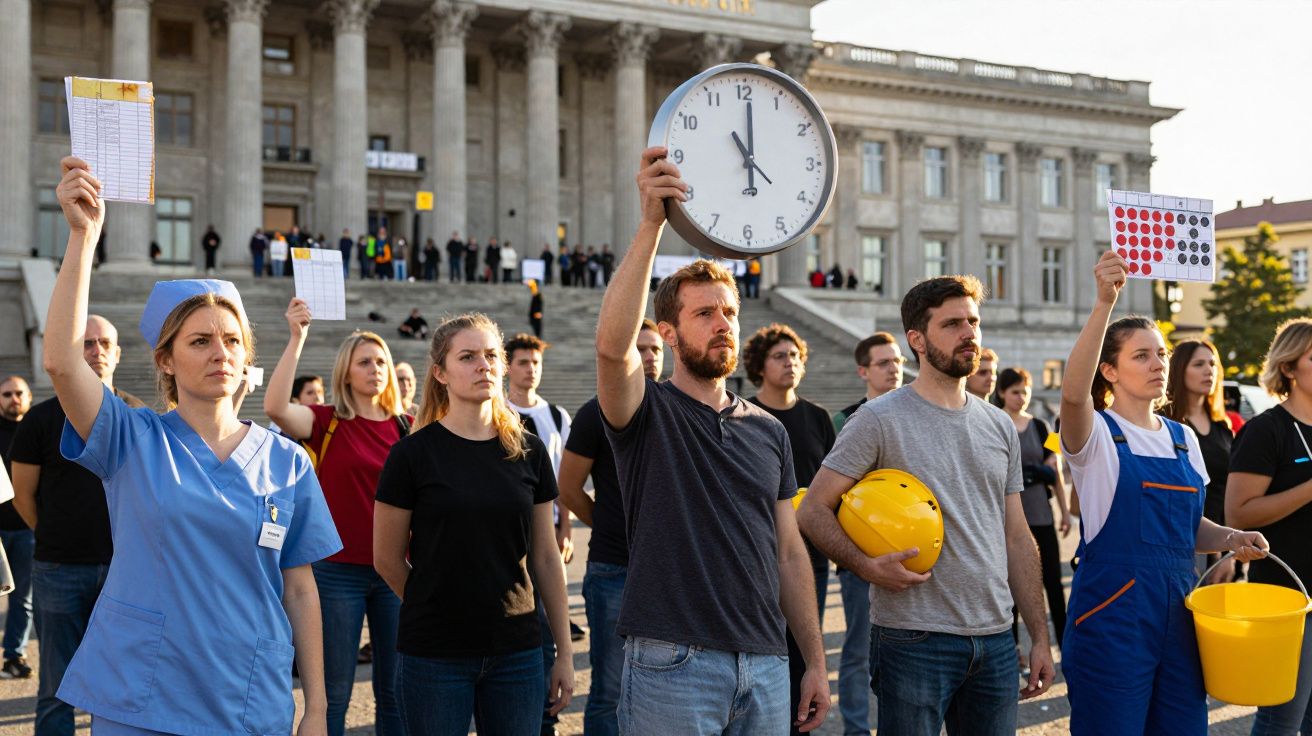 Grupo de pessoas em protesto com relógio e folhetos, diante de um edifício público com colunas.