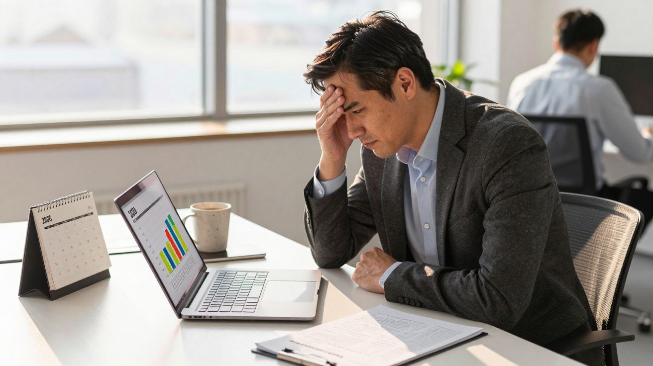 Homem preocupado analisando gráficos num portátil numa mesa de escritório iluminada pela luz do dia.