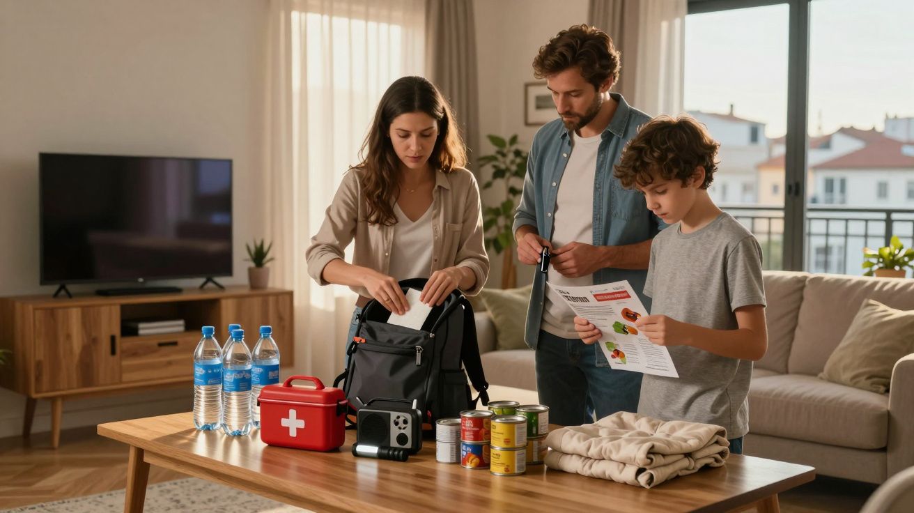 Família prepara mochila com kit de emergência, alimentos e água na sala de estar.
