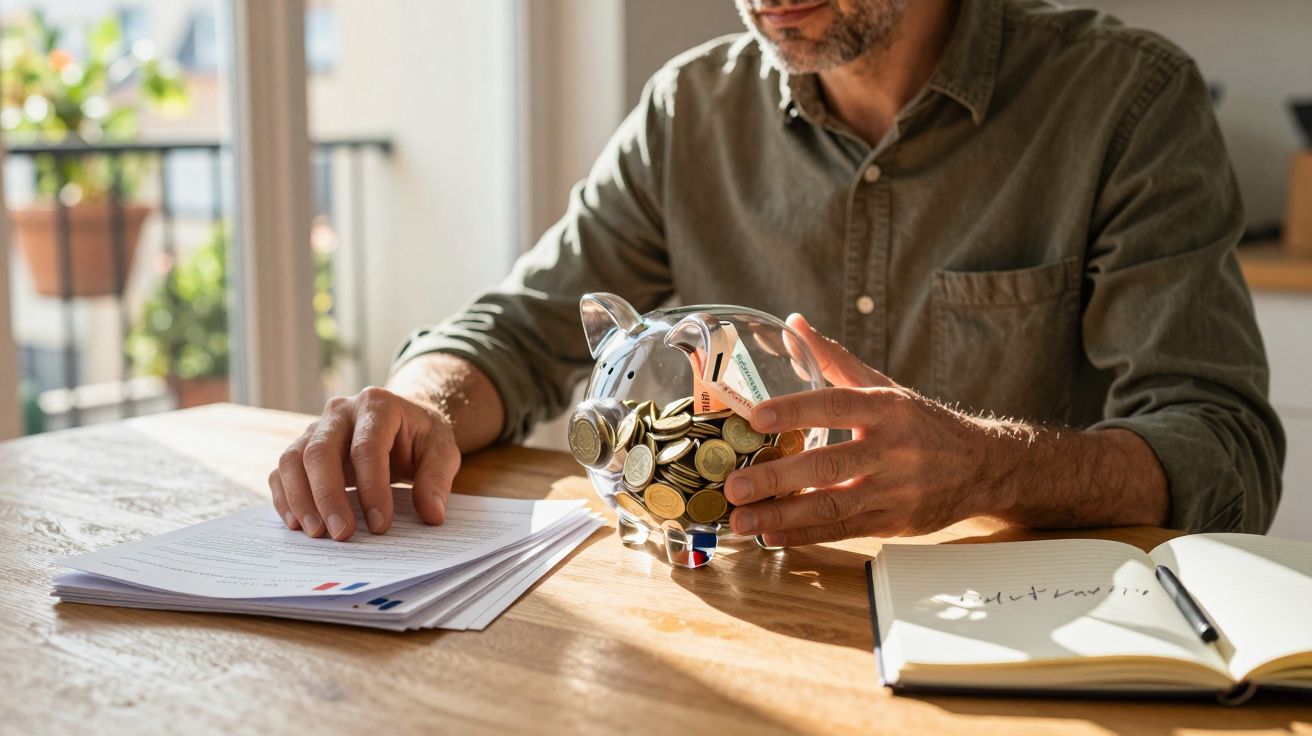Homem sentado à mesa a segurar mealheiro transparente cheio de moedas, com papéis e caderno à frente.
