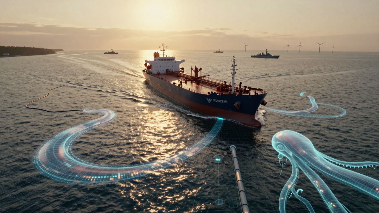 Navio de carga no mar ao pôr do sol com gráficos digitais de polvos transparentes a envolver cabos submarinos.