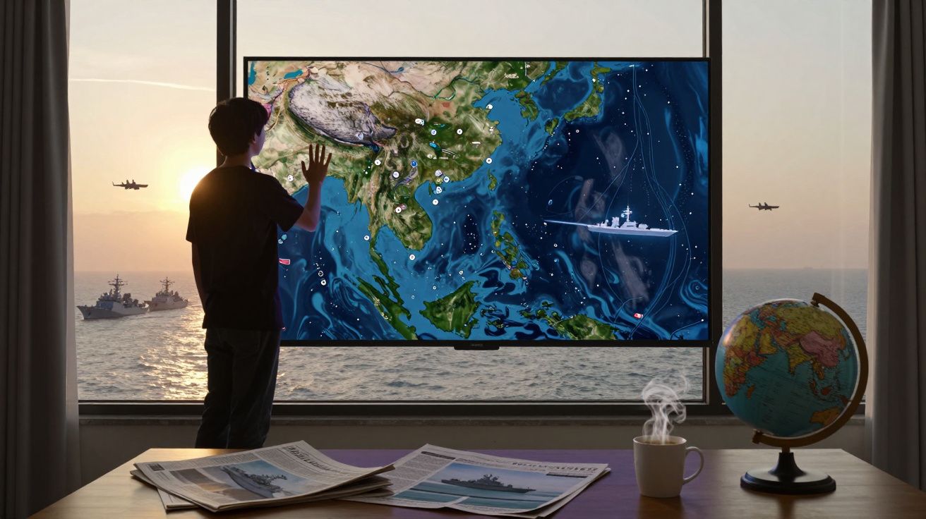 Criança interage com mapa digital do Pacífico, navios militares e aviões visíveis no mar ao pôr do sol atrás da janela.