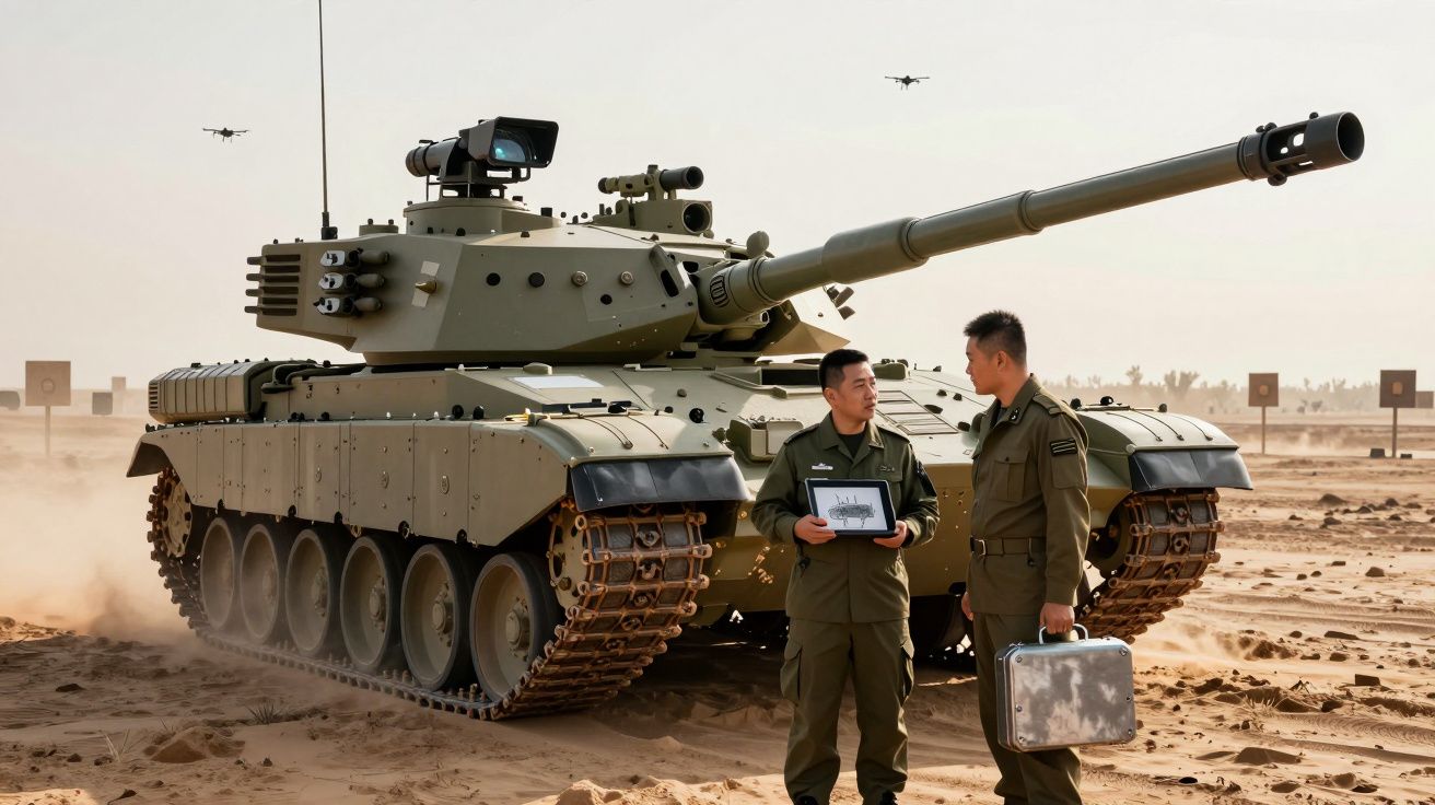 Tanque militar camuflado em deserto com dois soldados a conversar e drones ao fundo.