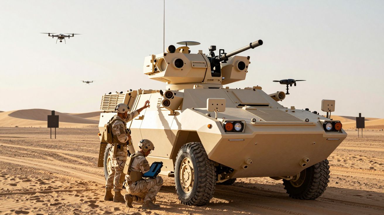 Soldados com equipamento tático operam veículo blindado em deserto com drones no céu.