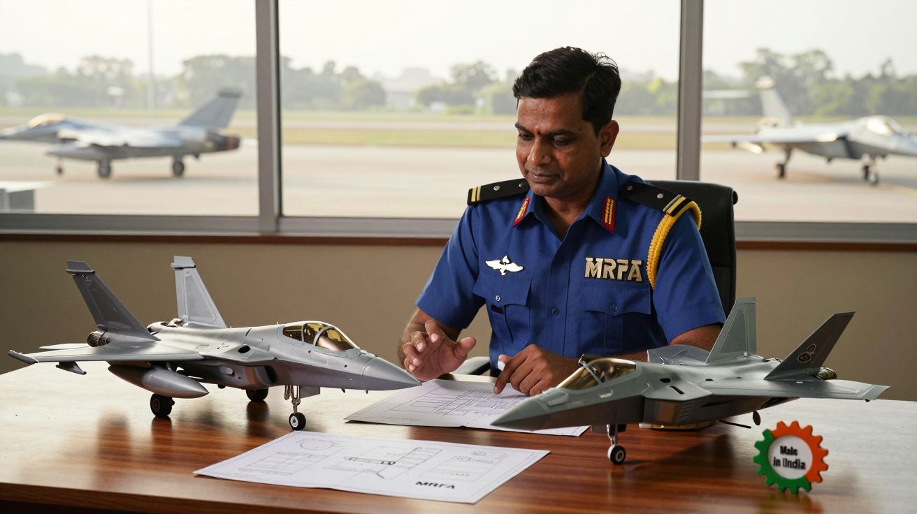 Homem em uniforme azul sentado à mesa com dois modelos de aviões de combate e plantas técnicas à sua frente.