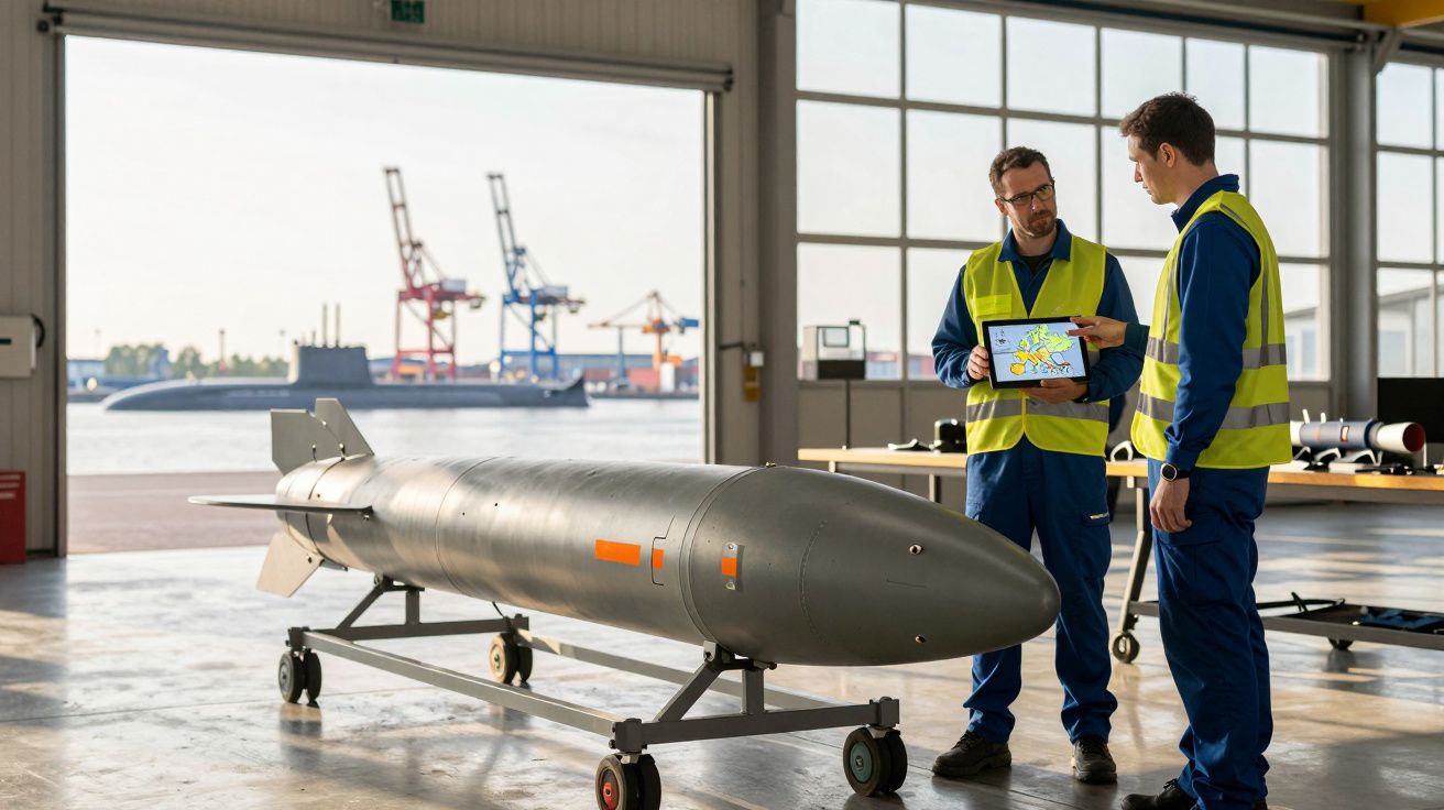 Dois homens com coletes refletivos junto a um torpedo em oficina com cais e contentores ao fundo.
