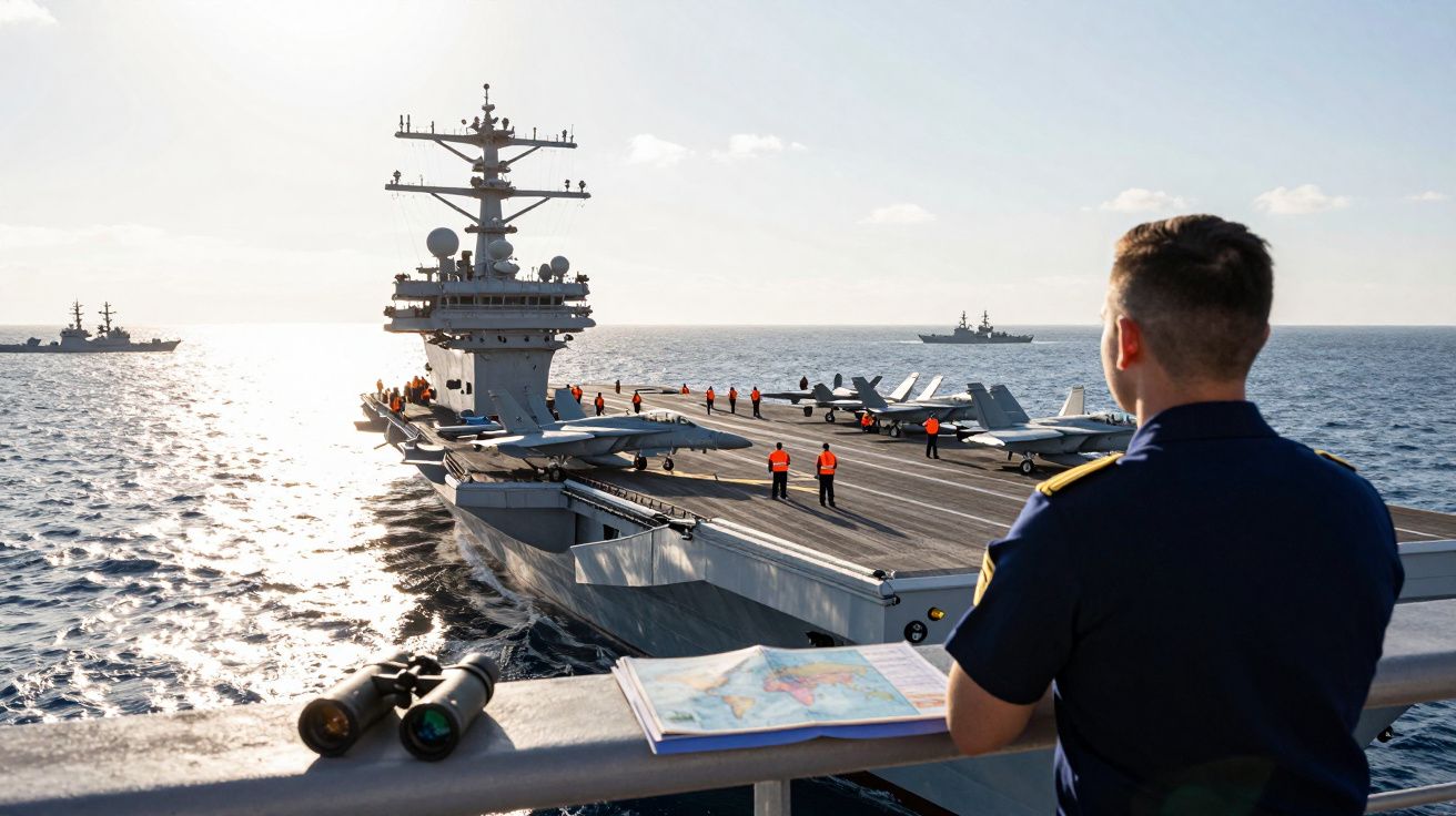 Oficial naval observa porta-aviões com aeronaves e tripulação no convés durante operação no mar.