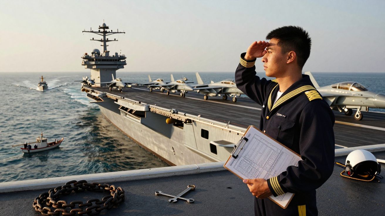 Militar da marinha em uniforme a observar e saudar perto de porta-aviões no mar com aviões na pista de decolagem.