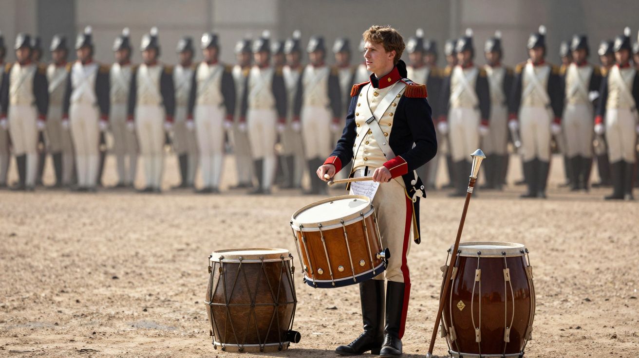 Soldado com uniforme histórico toca tambor à frente de fila de militares alinhados.