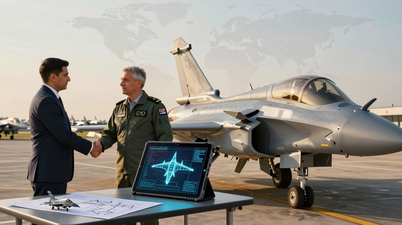 Homem de fato e piloto de caça apertam as mãos junto a um jato militar numa pista de aeroporto.