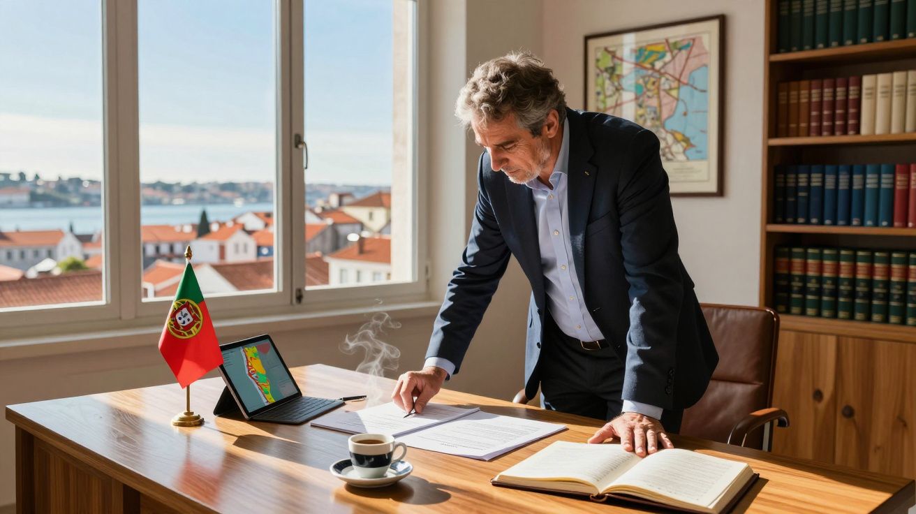 Homem de terno a analisar documentos numa mesa com vista para a cidade e uma pequena bandeira de Portugal.