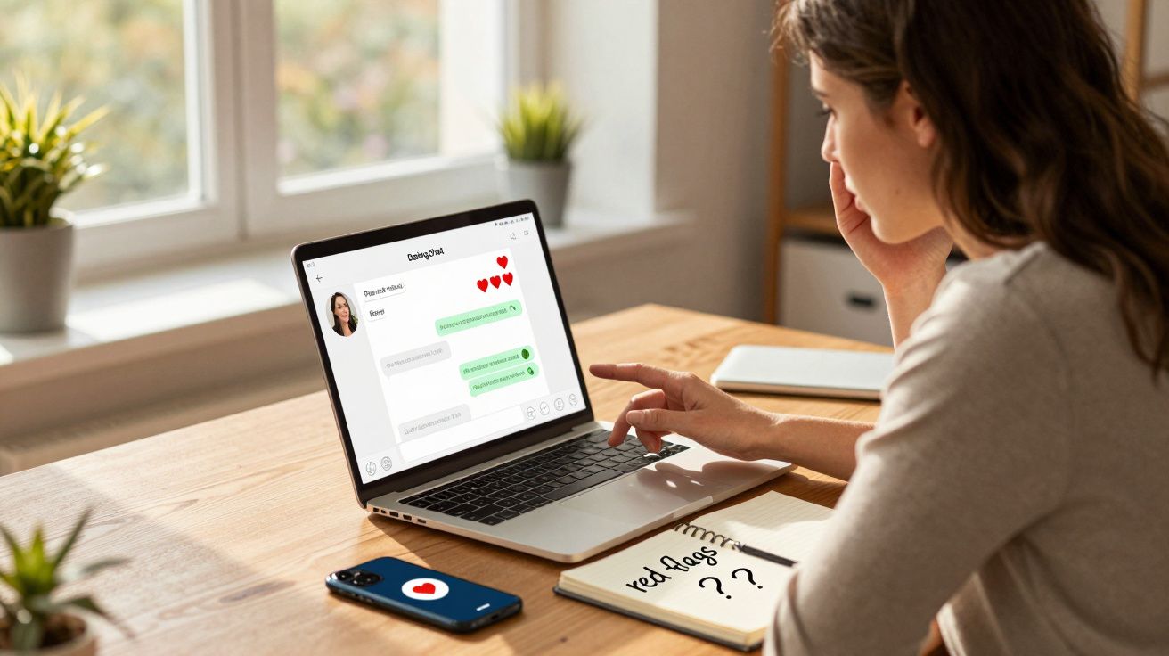 Mulher sentada à mesa a conversar numa aplicação de mensagens num portátil, com telemóvel e caderno na mesa.