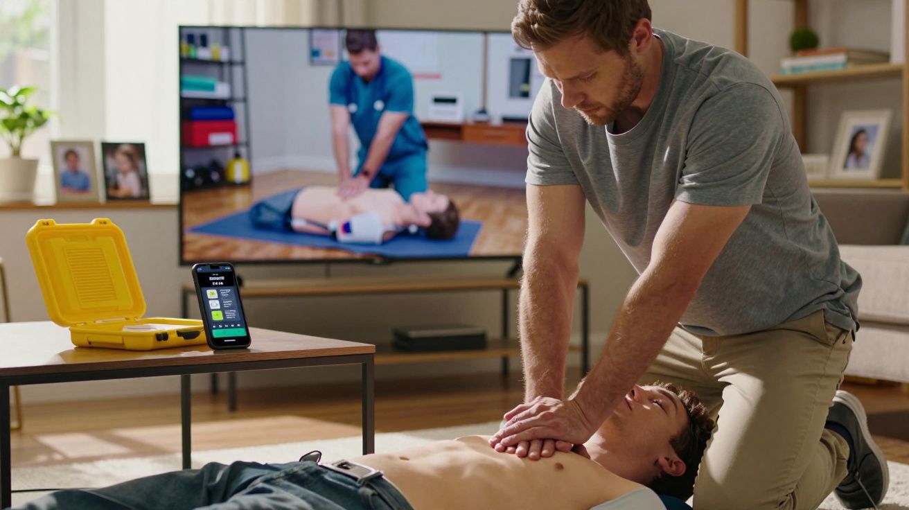 Homem a praticar compressões torácicas em treino de reanimação cardiovascular com vídeo explicativo ao fundo.