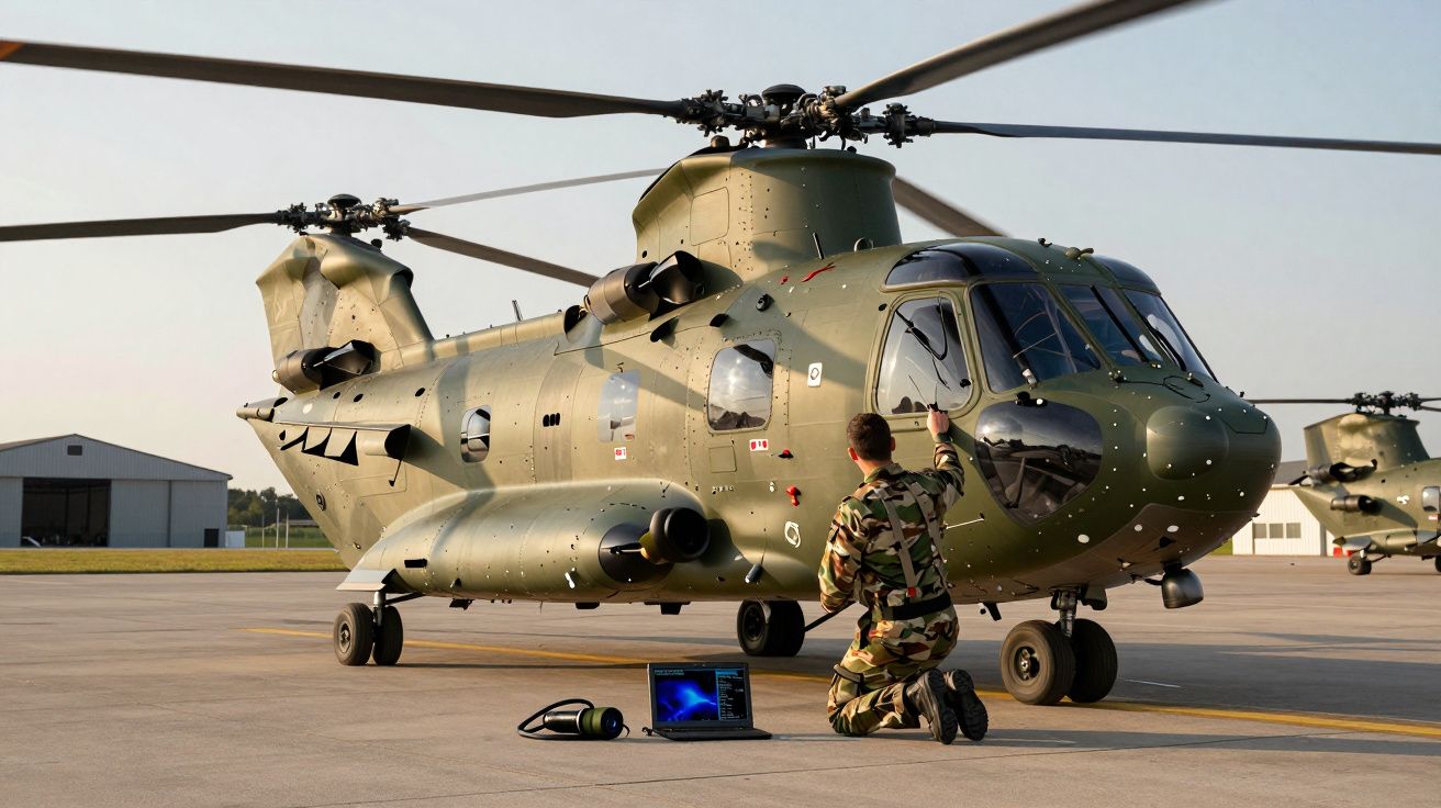 Soldado em uniforme camuflado a inspecionar helicóptero militar verde numa pista de descolagem ao entardecer.