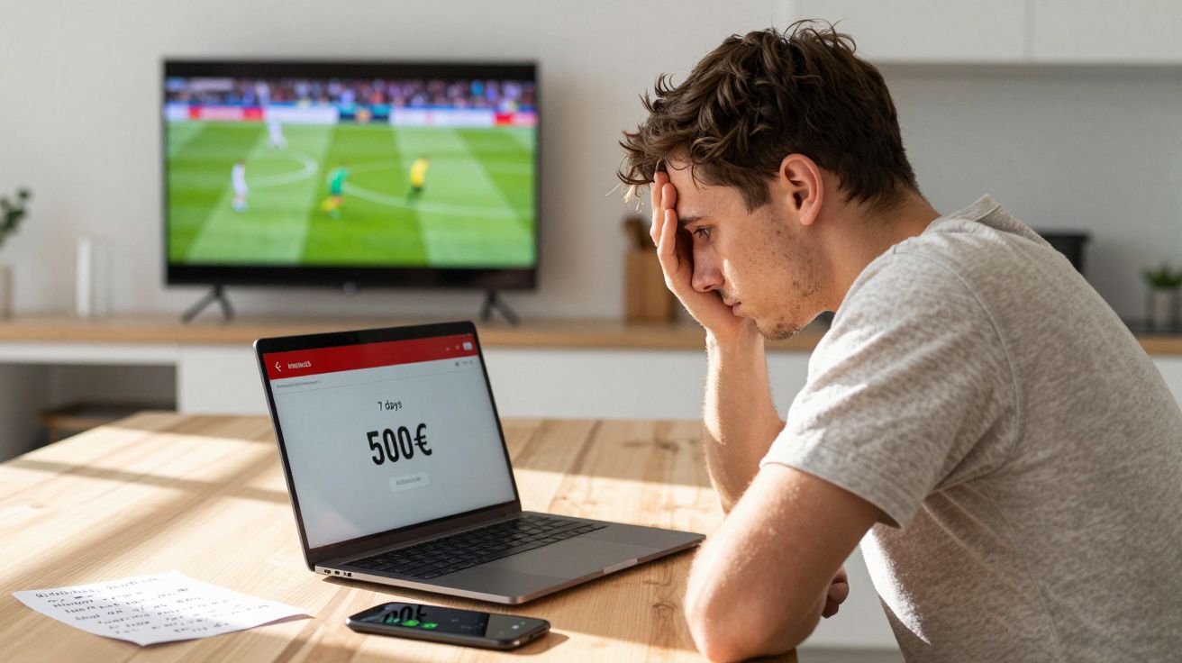 Homem preocupado a olhar para o ecrã do computador portátil com informação de dívida de 500 euros.