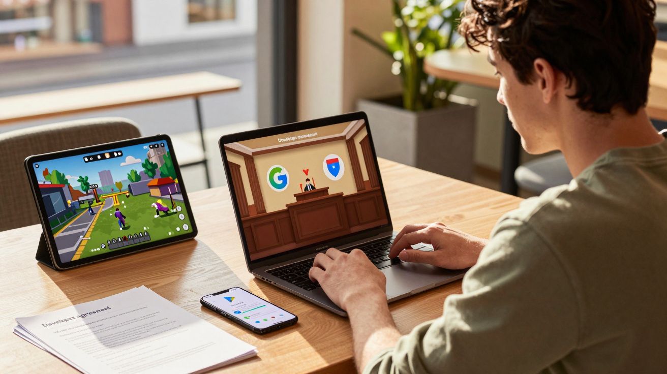 Pessoa a usar computador portátil mostrando julgamento e tablet a mostrar jogo, com smartphone e documentos na mesa.