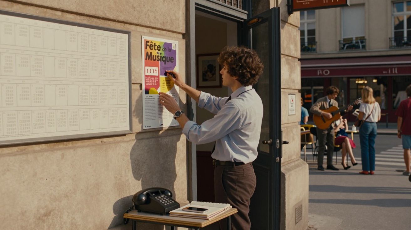 Homem a colar cartaz de evento musical numa parede exterior numa rua movimentada.